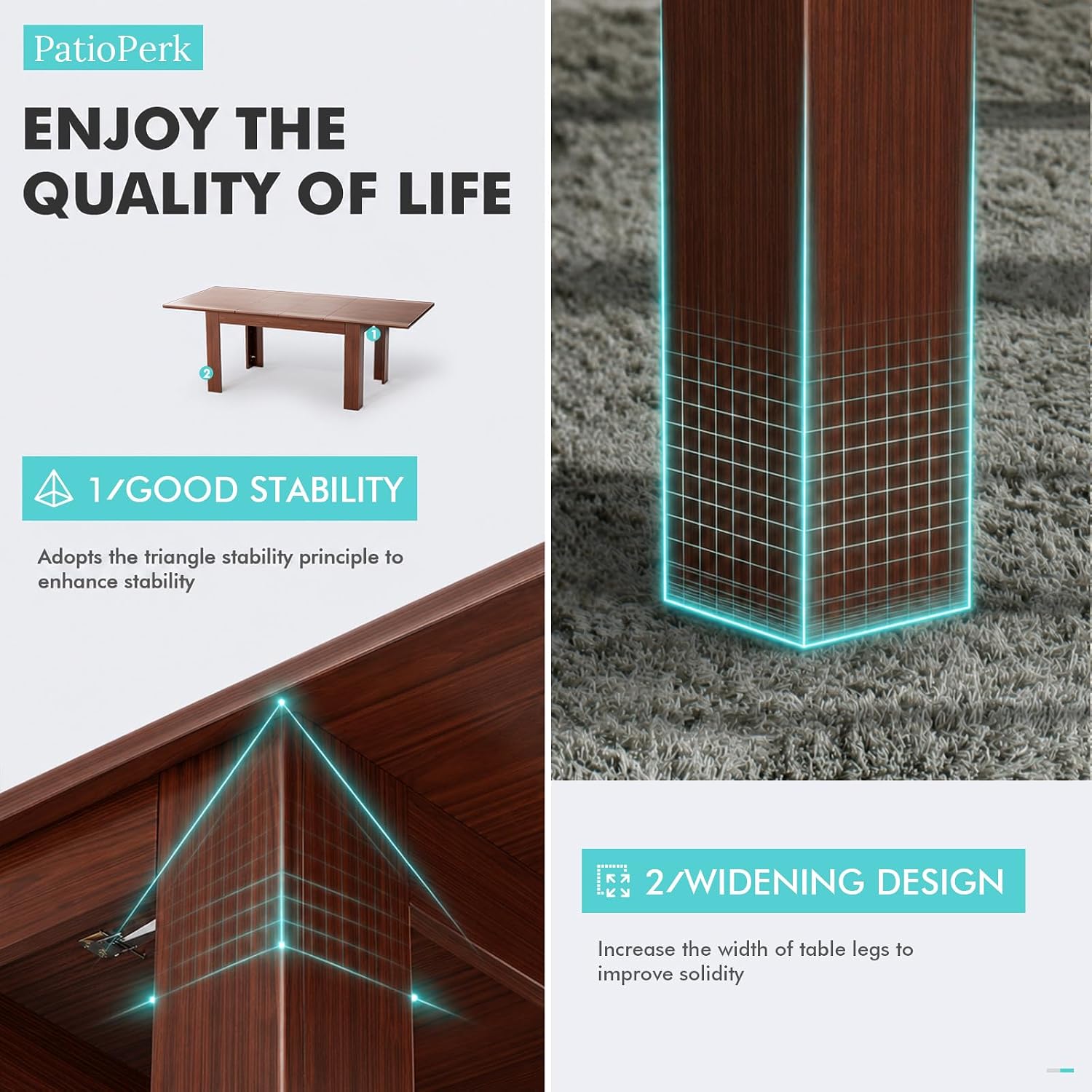PatioPerk 54.3" to 84.5" Rectangular Extendable Dining Table, Solid Wood Expandable Kitchen Table with Hidden Leaf, Space Saving Dining Table for 4-8 People, Modern Dining Room Table(Bright Brown)