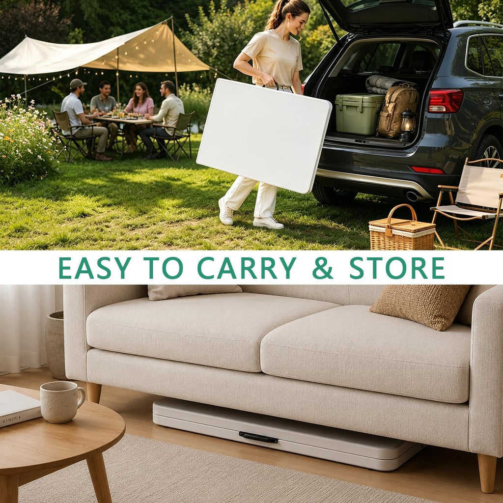 8ft Folding Table Heavy Duty 8 Foot Portable Foldable Table | Carry Handle, Fold-in-Half Design, Blow Molded Tabletop, Perfect for Party, Dining, Banquet, Picnic and Camping, White