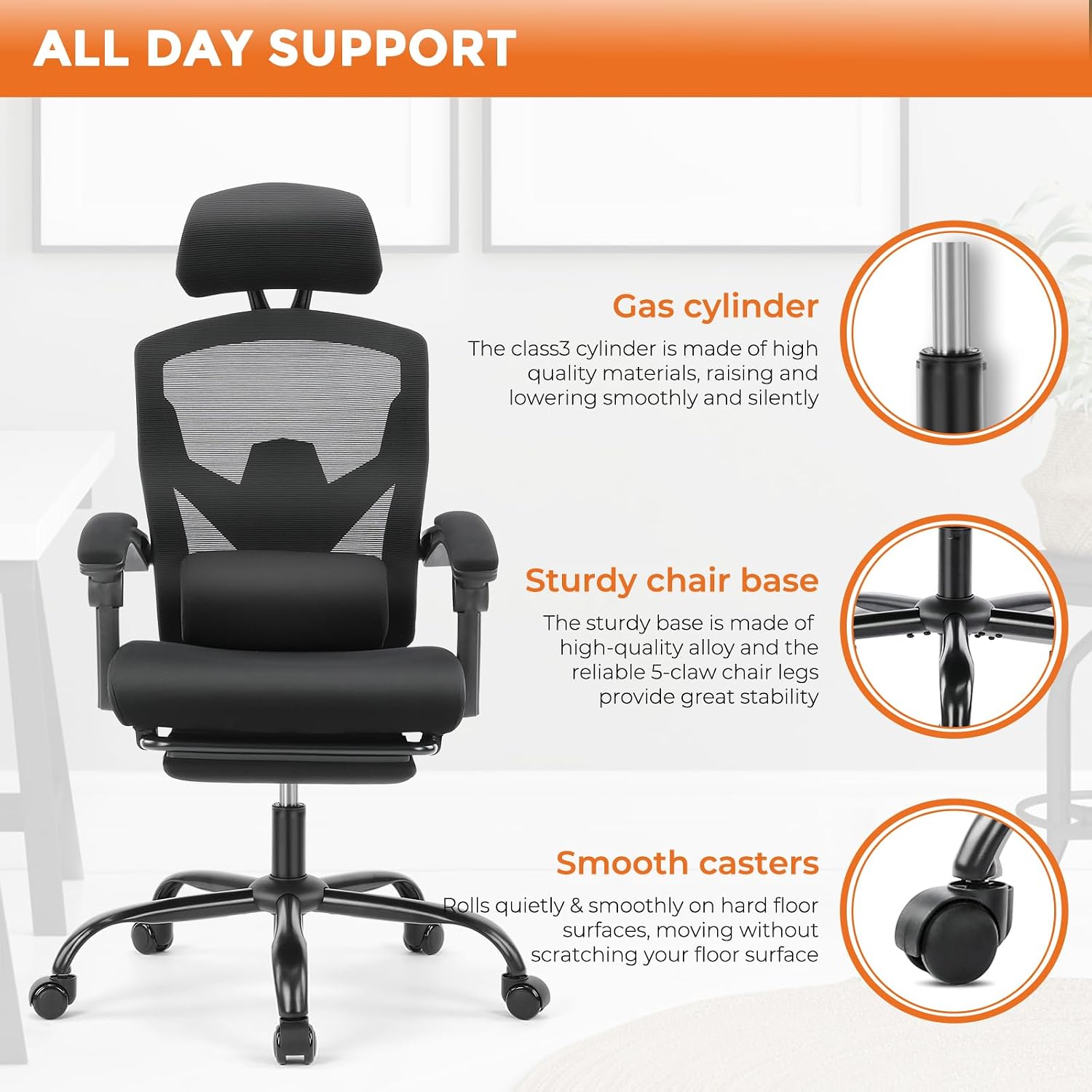 Sweetcrispy Ergonomic Office Chair, Computer Desk Chair with Lumbar Support | High-Back Mesh, 360° Rolling Work, Swivel with Wheels, Comfy Arms, Home Bedroom Study, Black
