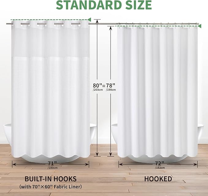 Long No Hook Shower Curtain with Snap-in Fabric Liner Set,White Waffle Weave Shower Curtains for Bathroom,Hotel Luxury Decor Bathroom Curtain Set,Waterproof & Washable,71Wx80H