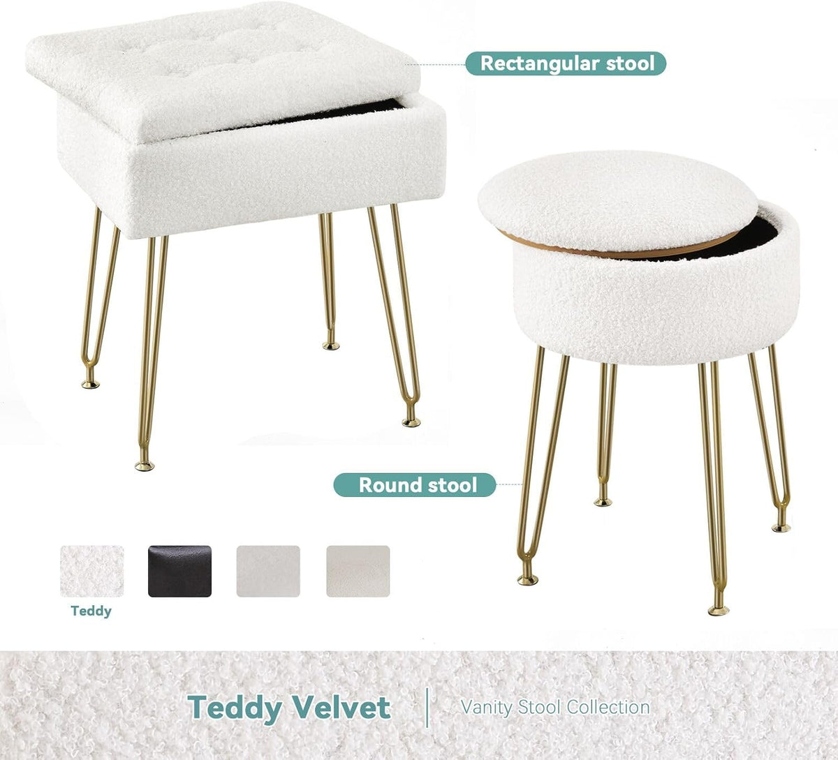BRIAN & DANY Vanity Stool, Sherpa Vanity Stool Chair with Storage, Rectangle Makeup Chair Soft Padded Seat with Legs for Bedroom (White)