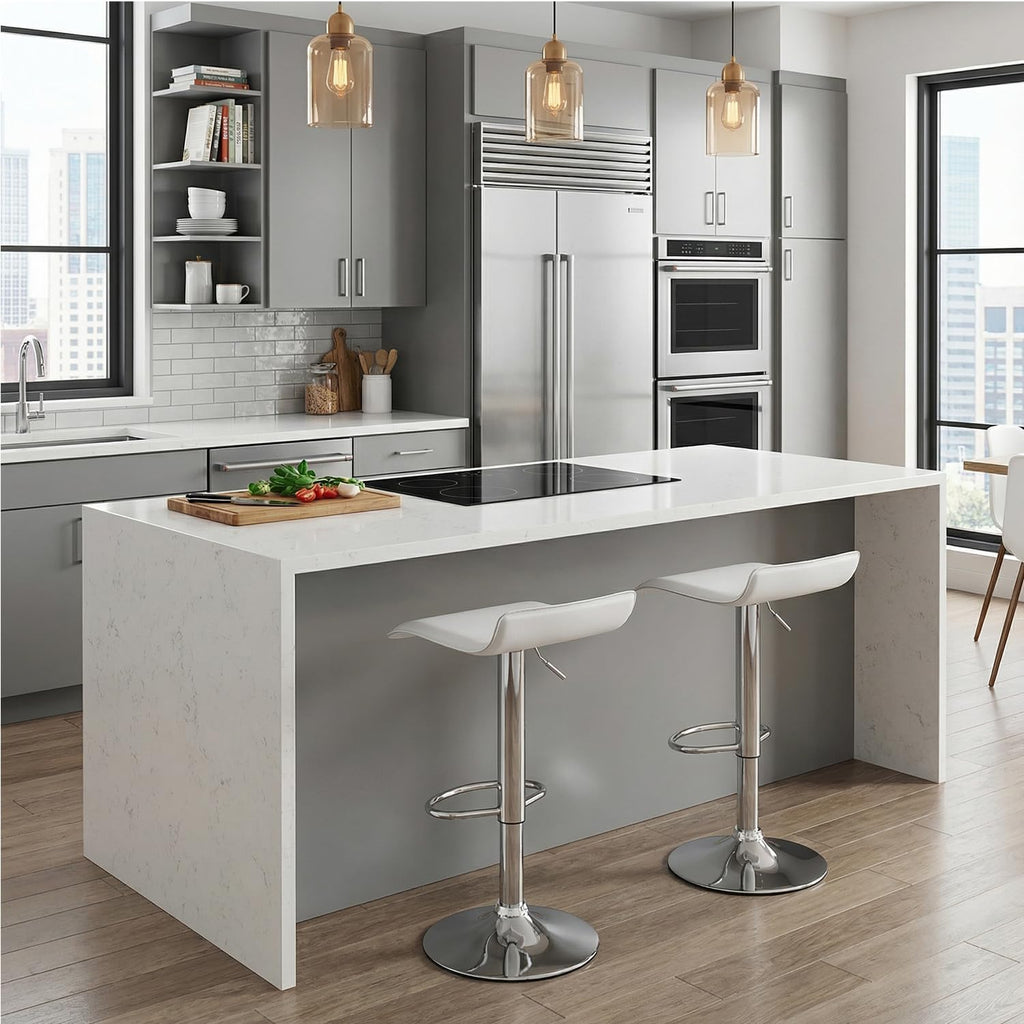 Set of 2 Barstool, Adjustable Swivel Bar Stools with PU Leather and Chrome Base, Gaslift Pub Counter Chairs, White | Swivel, PU Leather, Chrome Base, Gas Lift, Ideal for Kitchen, Home Bar, Pub, Kitchen Island