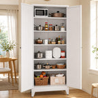 AQY 75" Pantry Cabinet, White Freestanding Storage Cabinet with 5 Adjustable Shelves, Metal Pantry Cupboard with Ventilation Design & Hanging Hooks, 2-Door Kitchen Organizer for Living Room Kitchen