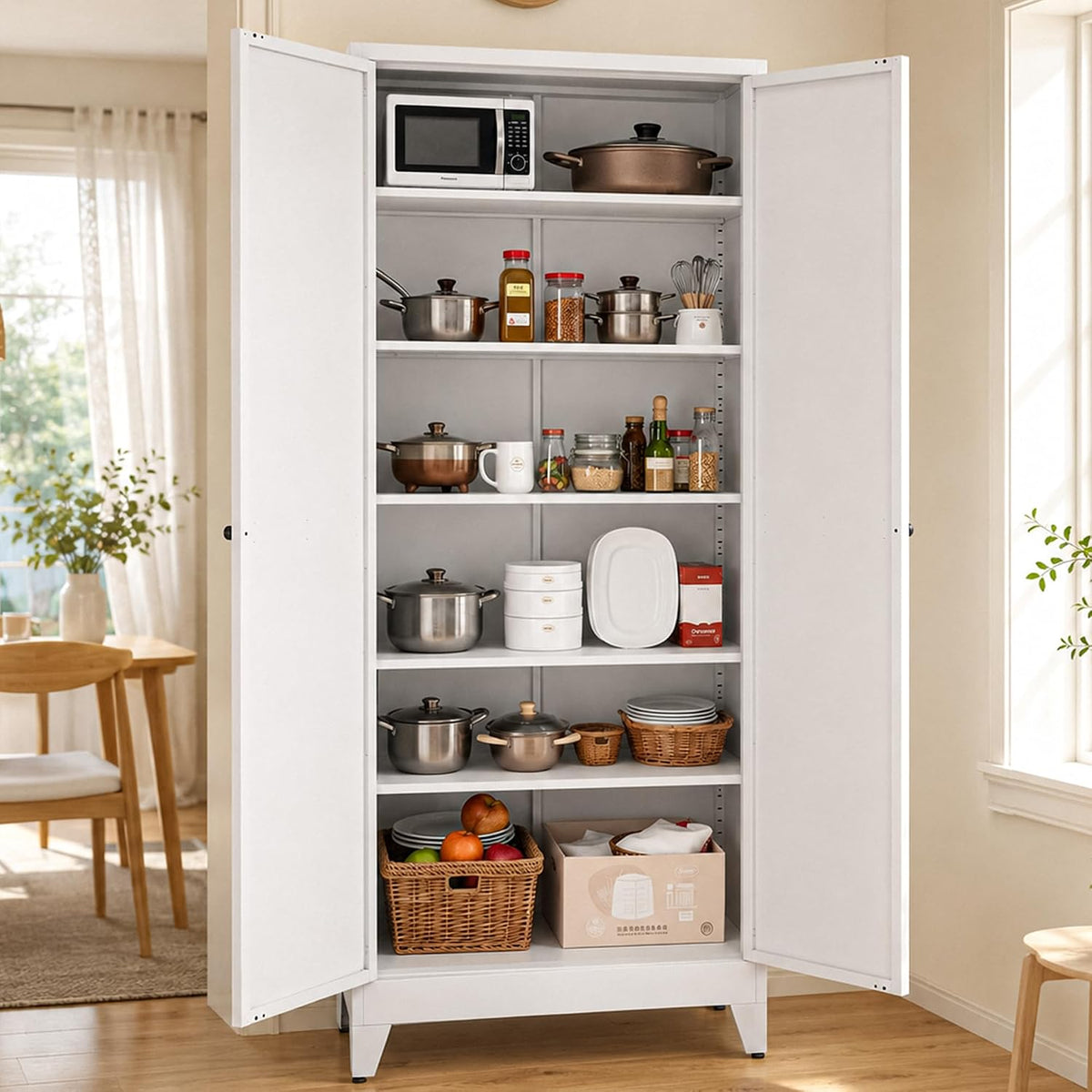 AQY 75" Pantry Cabinet, White Freestanding Storage Cabinet with 5 Adjustable Shelves, Metal Pantry Cupboard with Ventilation Design & Hanging Hooks, 2-Door Kitchen Organizer for Living Room Kitchen