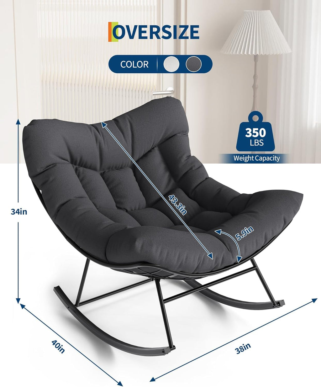 Garvee Outdoor Papasan Rocking Chair, Oversized Rocking Chair with Sturdy Metal Frame, Patio Egg Rocker for Balcony Backyard Porch Bedroom (Grey)