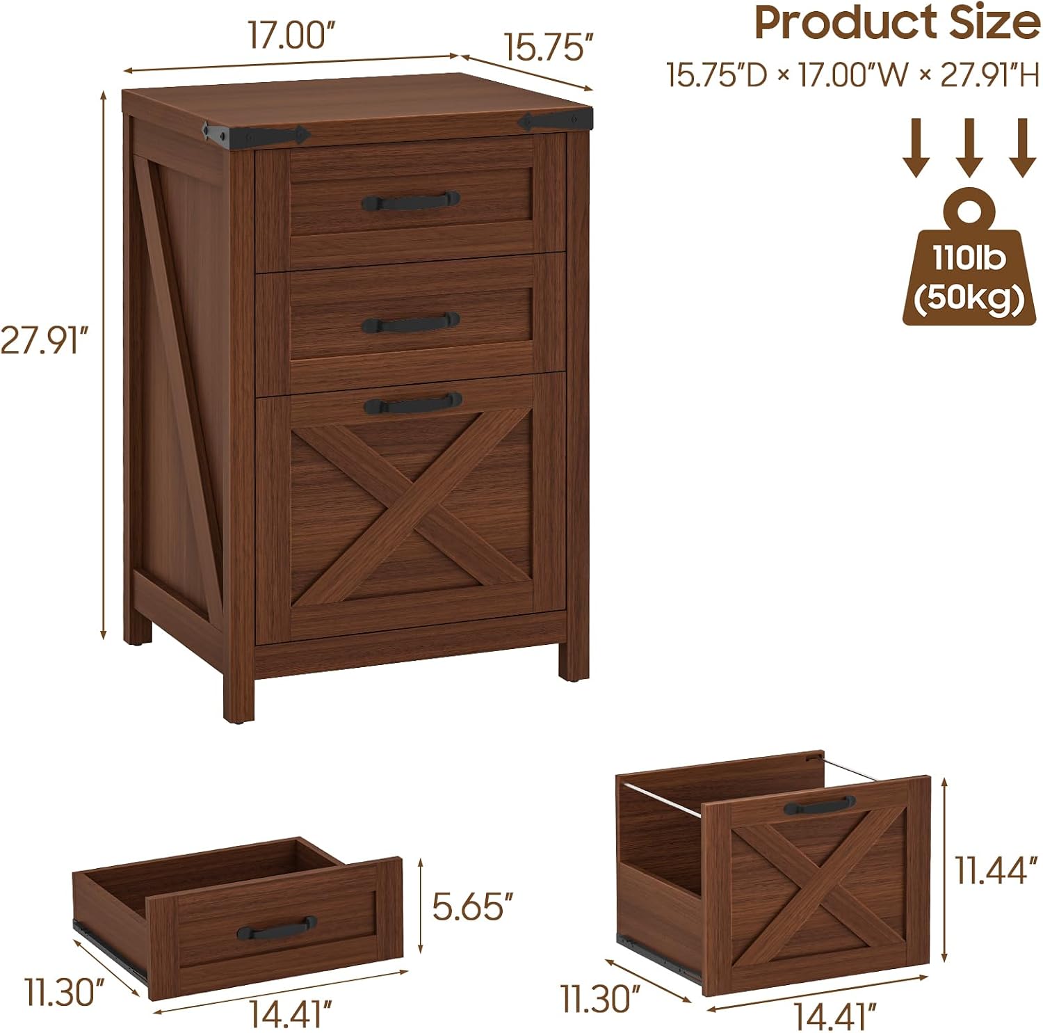 Halitaa Small Farmhouse File Cabinet with 3 Drawers for Home Office, Walnut | Vertical Filing Cabinet Fits Letter and A4 Size, Farmhouse Printer Stand, Under Desk Wooden File Cabinet