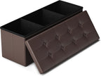 LITZFUR 43" Storage Ottoman Bench, Folding Faux Leather Chest, Brown | Stroage Box with 2 Dividers, Foot Rest Stool, Padded Seat for Bedroom, Entryway, Living Room