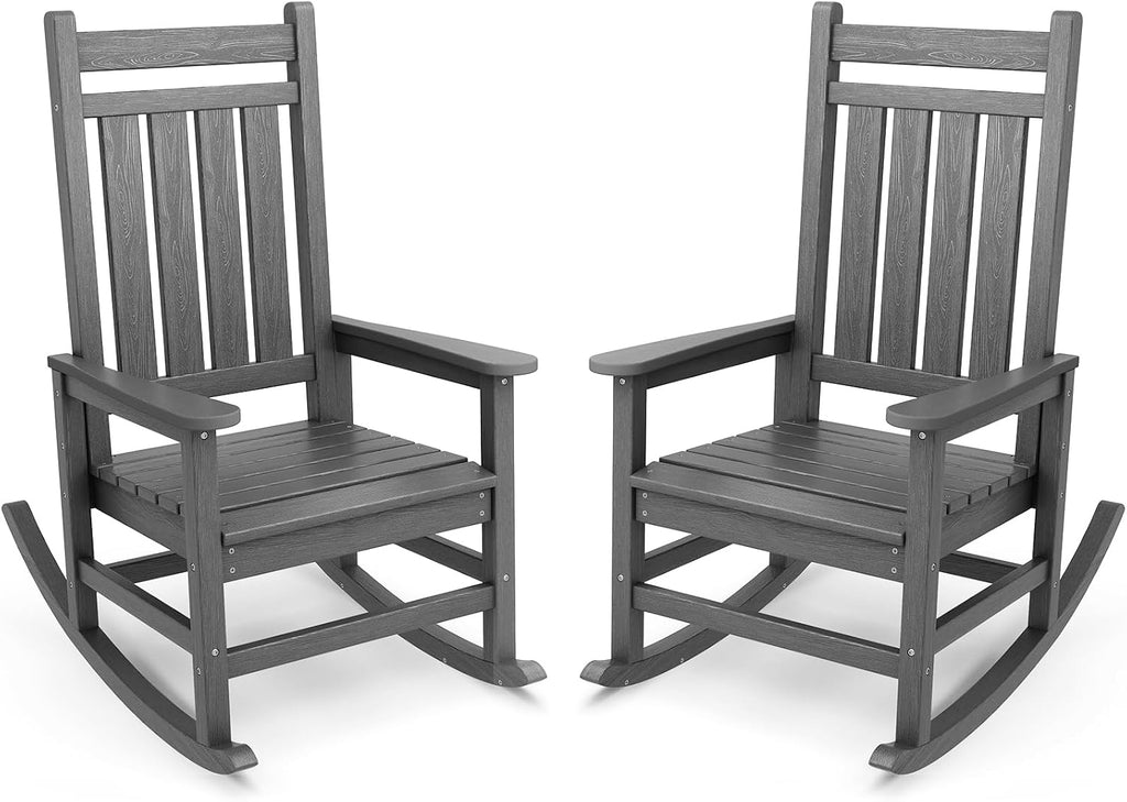 SERWALL Outdoor Rocking Chair Set of 2, HDPE Rocking Chairs for Adult, Grey | 21.1" Widened Seat adds Extra Comfort, Oversized Rocking Chair for Adults, All Weather Porch Rocker for Lawn Garden