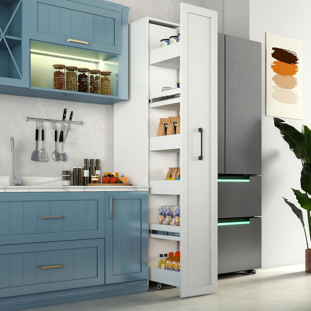 Modern Slim Storage Cart,Gold Handles,Freestanding Pantry Organizers with Pull-Out Multi-Tier Storage Shelf&Wheels for Kitchen, Dining Room