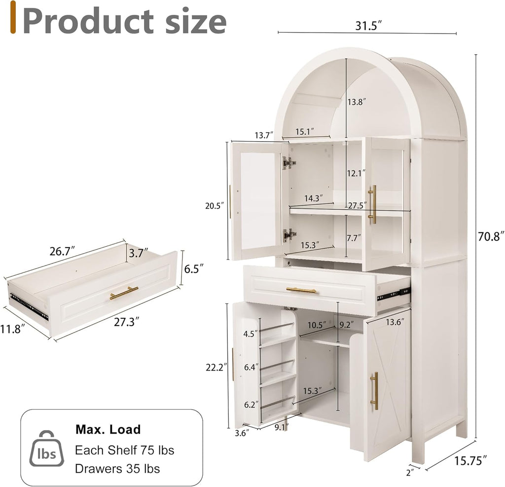 roomfitters 71" Tall Arched Farmhouse Pantry Cabinet with Glass Barn Doors & Pull-Out Drawer, White
