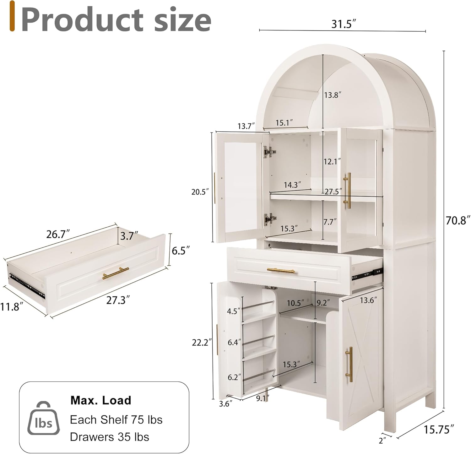 roomfitters 71" Tall Arched Farmhouse Pantry Cabinet with Glass Barn Doors & Pull-Out Drawer, White