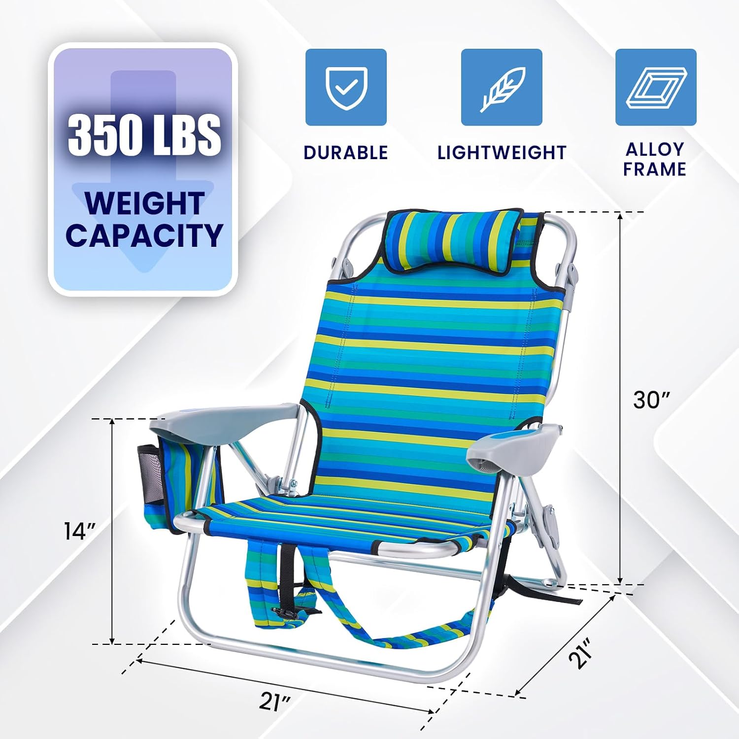 Portable Recliners Chair for Adults, Outdoor Camping Chair Lay Flat Folding Backpack Reclining Chair with 5 Positions, Headrest, Zipper Pouch, Cup Holder, NEW Srtiped