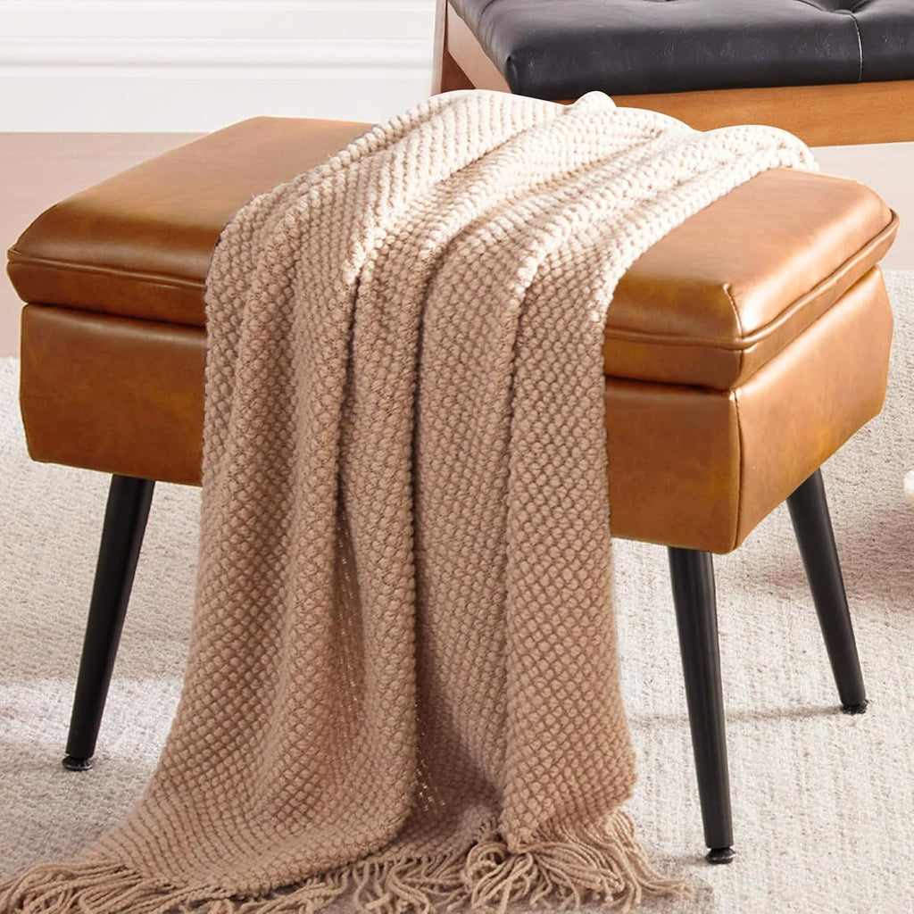 Square Storage Ottoman Upholstered Vanity Accent Stool Cognac Brown | Square Mid-Century Modern Accent Dining Makeup Piano Stool with Padded Upholstered Seat & Metal Legs for Living Room Bathroom