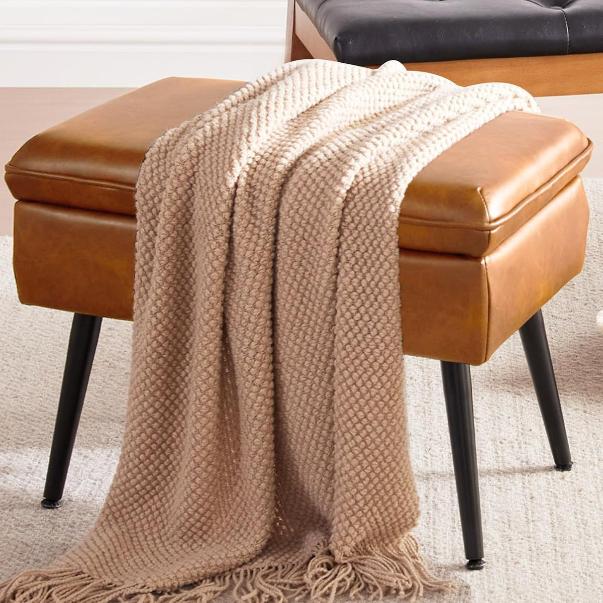 Square Storage Ottoman Upholstered Vanity Accent Stool Cognac Brown | Square Mid-Century Modern Accent Dining Makeup Piano Stool with Padded Upholstered Seat & Metal Legs for Living Room Bathroom