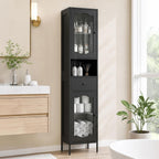 fineway 68"H x 16"W Tall Bathroom Storage Cabinet with Door & Drawer, Black | Clear-View Doors, 6-in-1 Large Capacity Storage, Easy Assembly & 4-Year Warranty, FSC-Certified Wood, Anti-Tip Safety