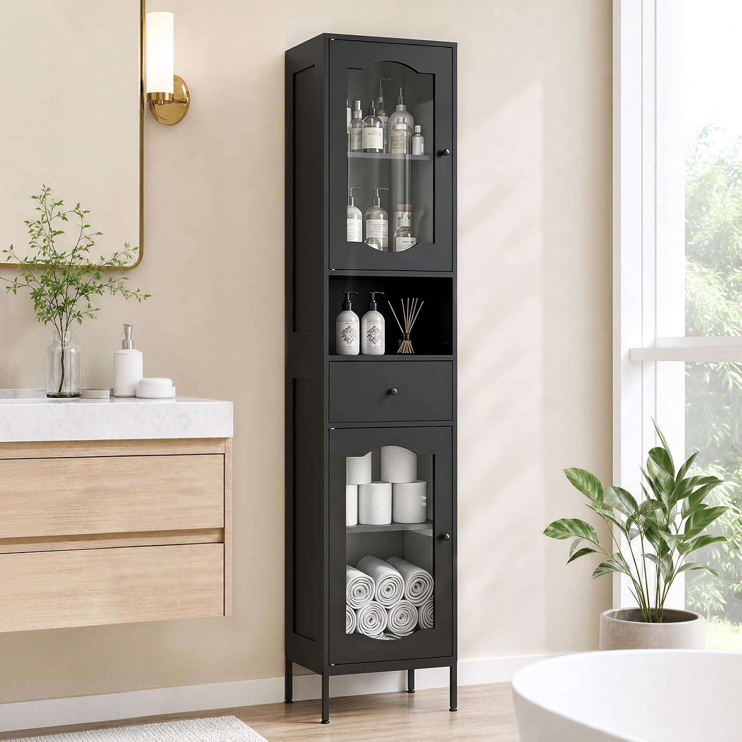 fineway 68"H x 16"W Tall Bathroom Storage Cabinet with Door & Drawer, Black | Clear-View Doors, 6-in-1 Large Capacity Storage, Easy Assembly & 4-Year Warranty, FSC-Certified Wood, Anti-Tip Safety