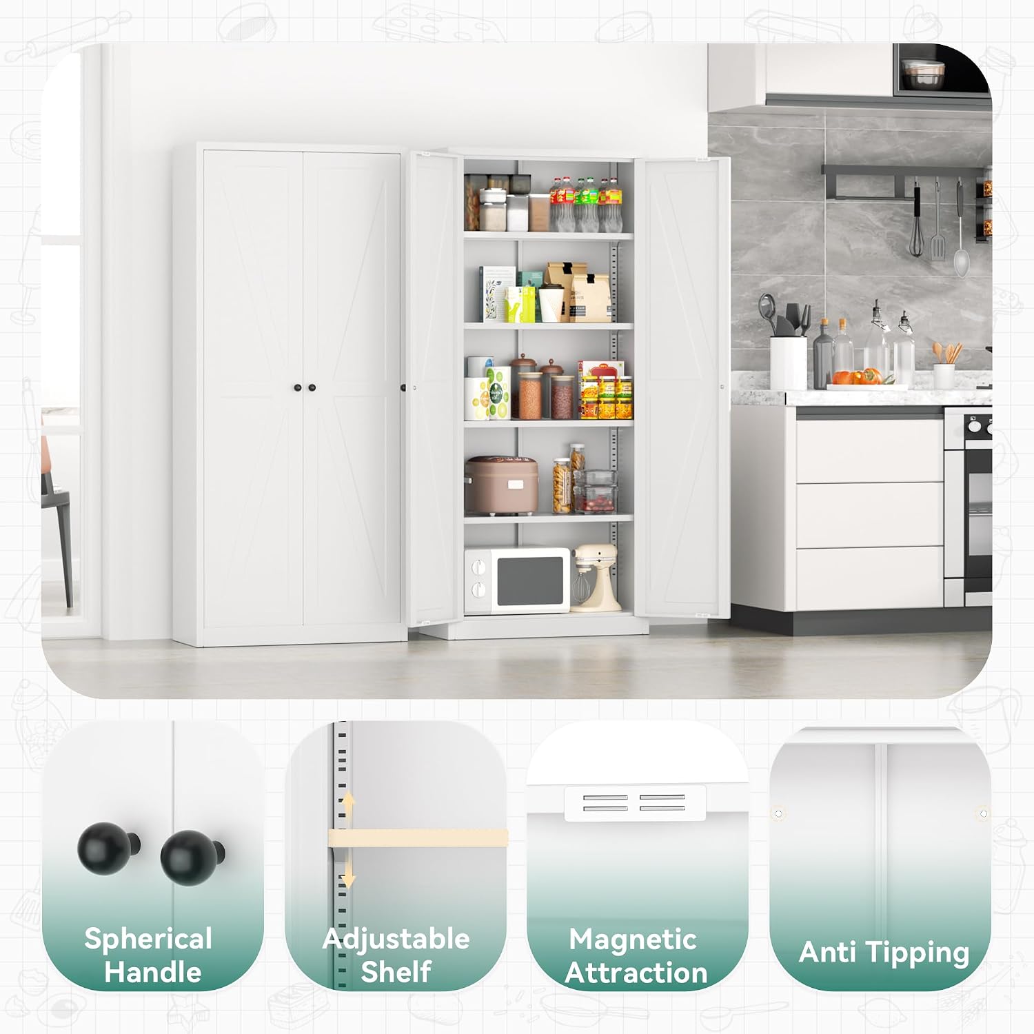 Greenvelly Metal Pantry Cabinet, 63” White Kitchen Pantry Cabinet with Doors and 4 Shelves, Tall Kitchen Cupboard for Laundry Room,Living Room,Dinning Room (Farmhouse)