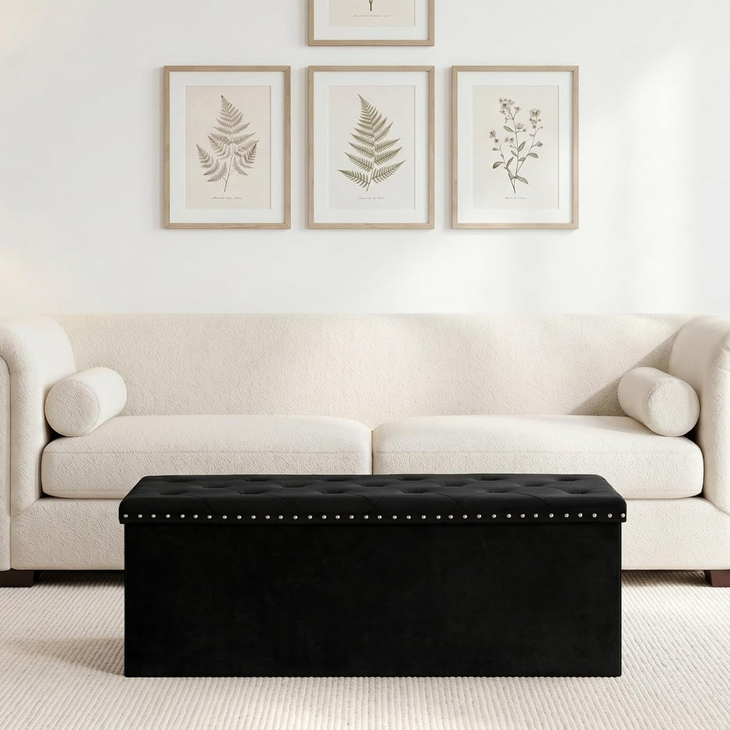 PINPLUS Folding Storage Ottoman Bench, Black Velvet | Large Storage Chest with Padded Seat, Footrest Stool and End of Bed Bench for Bedroom, Living Room and Entryway