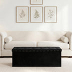 PINPLUS Folding Storage Ottoman Bench, Black Velvet | Large Storage Chest with Padded Seat, Footrest Stool and End of Bed Bench for Bedroom, Living Room and Entryway
