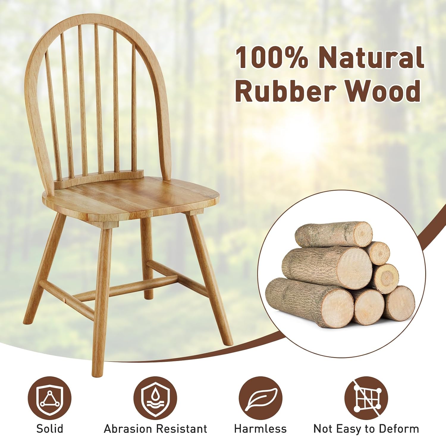 POWERSTONE Dining Chairs Set of 2, Wood Windsor Chairs with Spindle Back Country Farmhouse Dining Chair Kitchen Room Chair Oak