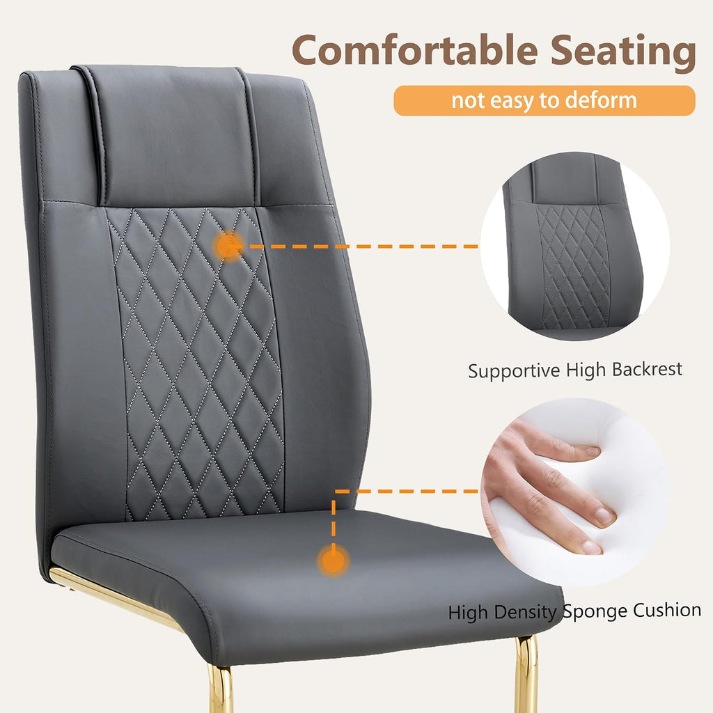 cinkehome Modern Gray Dining Chairs Set of 4 with Gold Metal Legs, High Back Upholstered Armless Side Chair for Kitchen, Dining Room, Faux Leather
