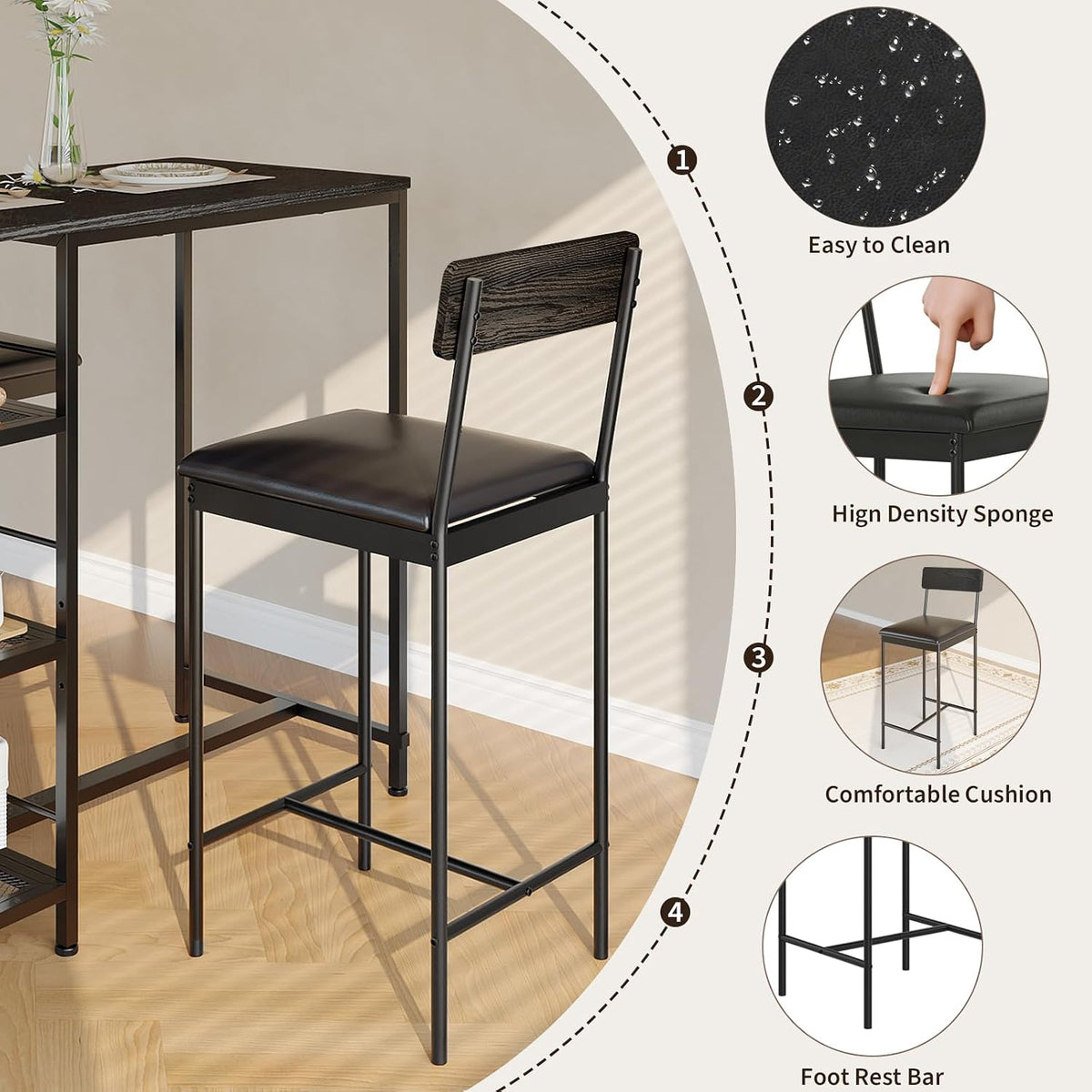 3-Piece Bar Table Set with 2 Bar Stools, Built-in Wine Rack and 3-Tier Storage Shelf, Industrial Metal Frame, Space-Saving Ideal for Small Kitchens, Apartments, and Breakfast Nooks