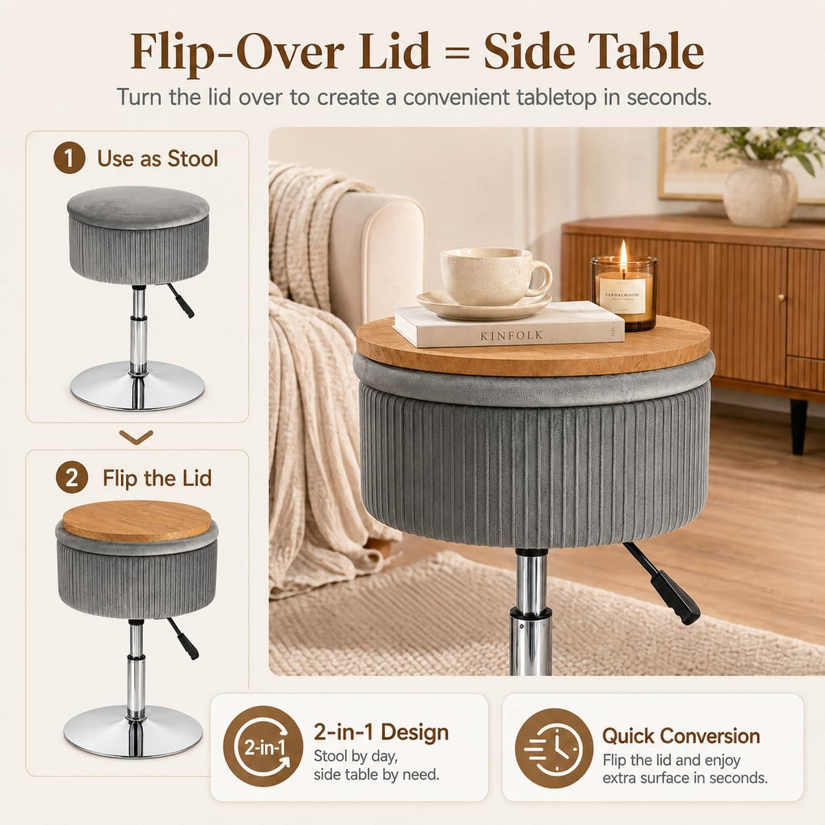 2 in 1 Adjustable Storage Vanity Stool with Flip-Over Wood Tray | 360° Swivel Vanity Chair with Storage, Small Round Makeup Stool for Vanity, Gray Velvet