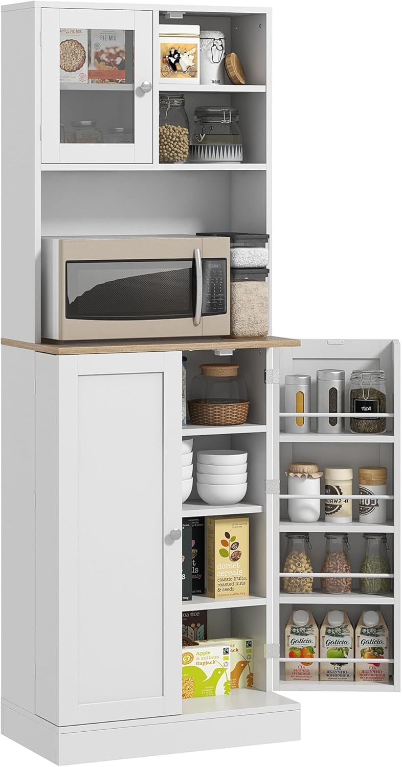 66.5" Pantry Cabinet with Microwave Stand,Freestanding Kitchen Storage Cabinet with Hutch,8 Door Shelves,Adjustable Shelves,for Dining Room,White