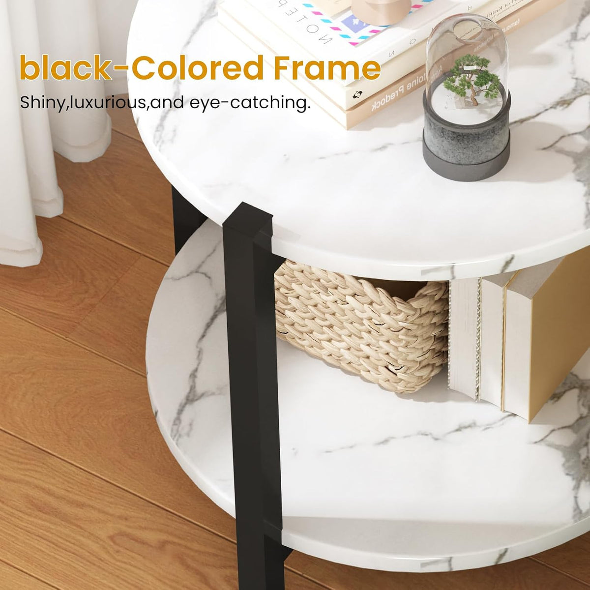 White and Black End Tables Set of 2, Round Marble Nightstand Set of 2 for Bedroom 3-Tier Marble Side Table Small Coffe Table with Metal Legs,Modern Sofa Table Accent Table for Living Room