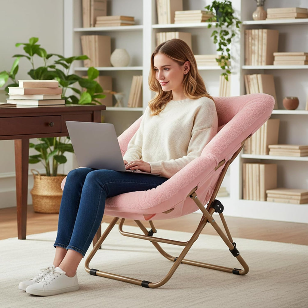 Tiita Comfy Folding Saucer Chair for Adults, Moon Chair, Pink | Soft Faux Fur Seat, Metal Frame Structure, Cozy Accent Seating for Reading and Relaxing in Bedrooms, Living Rooms and Dorms