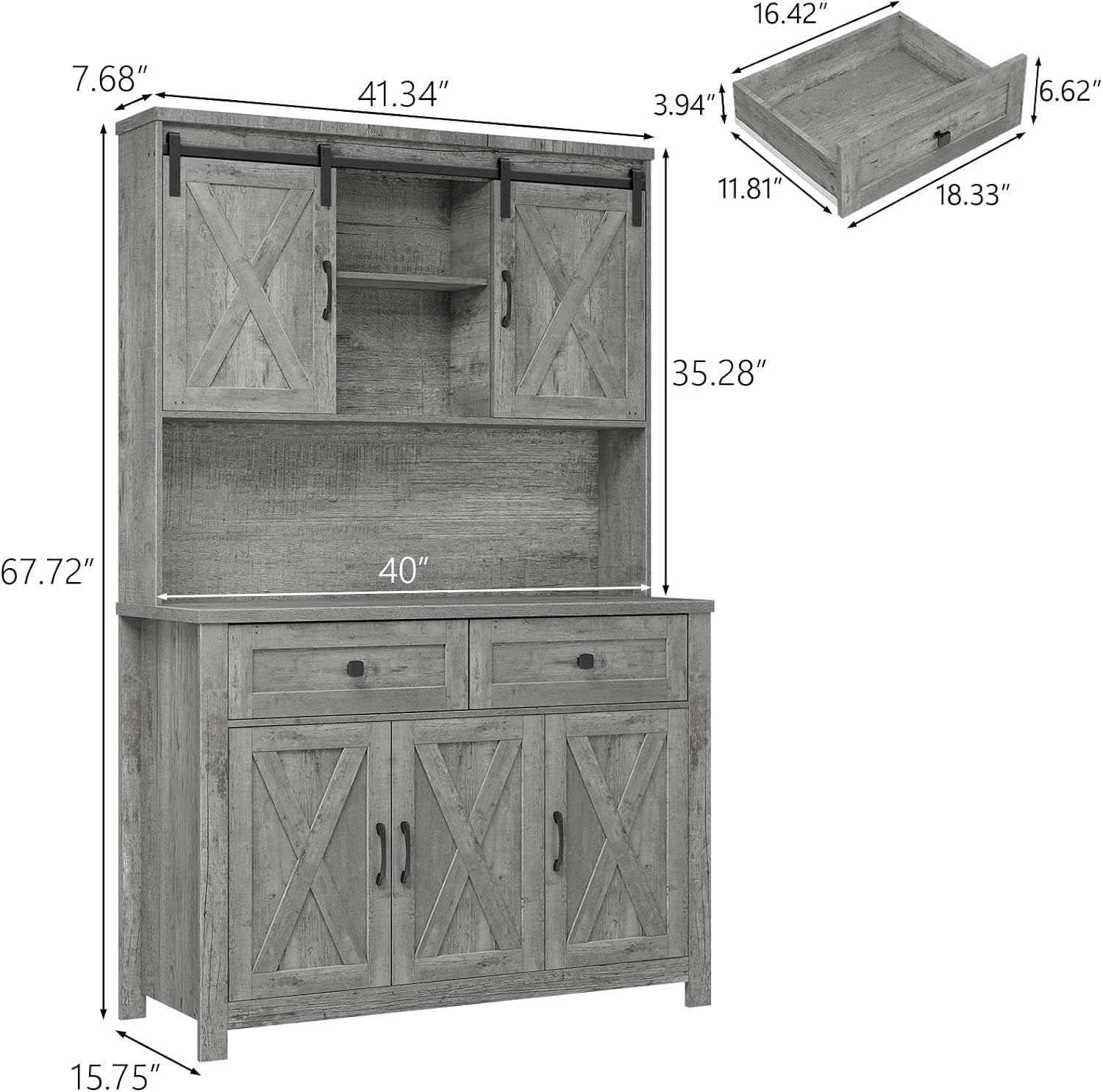 Vabches 67.7 Inch Farmhouse Pantry Storage Cabinet with Sliding Barn Doors, 2 Drawer Farmhouse Coffee Cabinet with Adjustable Shelf, Side Board with Buffet Cupboard for Kitchen, Livingroom.Gray