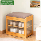 Shoe Storage Bench- Bamboo Entryway Bench with Seat Cushion, 2-Tier Shoe Rack with Removable Dividers and Hidden Storage Space, Organizer Ottoman for Bedroom, Mud Room, Patio, Natural-Small