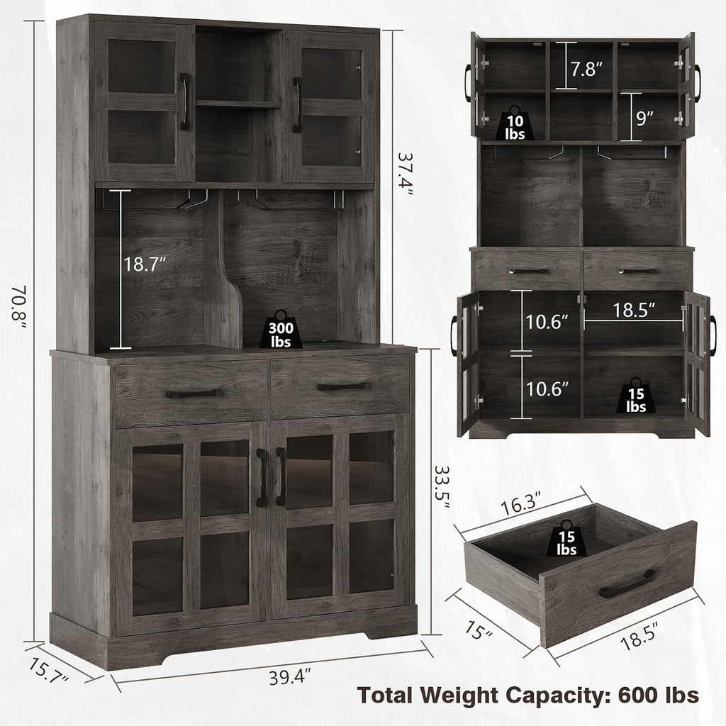 Kitchen Pantry Storage Cabinet, Modern Pantry with Power Outlet, Food Pantry Cabinet with Wine Glass Holder, Kitchen Hutch Cabinet with Microwave Stand, Kitchen Cabinet with Shelves for Dinning Room