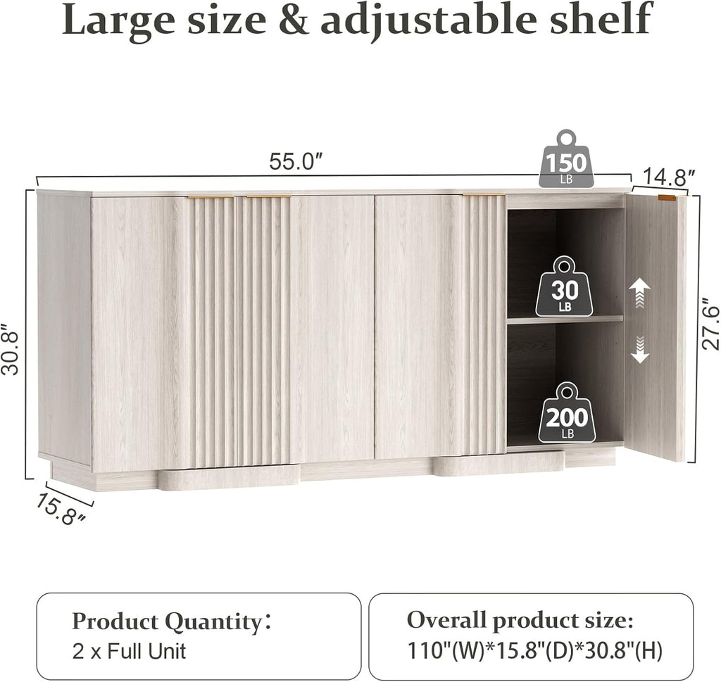 Brafab Buffet Cabinet, 110" Modern Farmhouse Accent Sideboard Cabinet with 8 Doors, Wood Fluted Credenza for Living Room and Kitchen, White