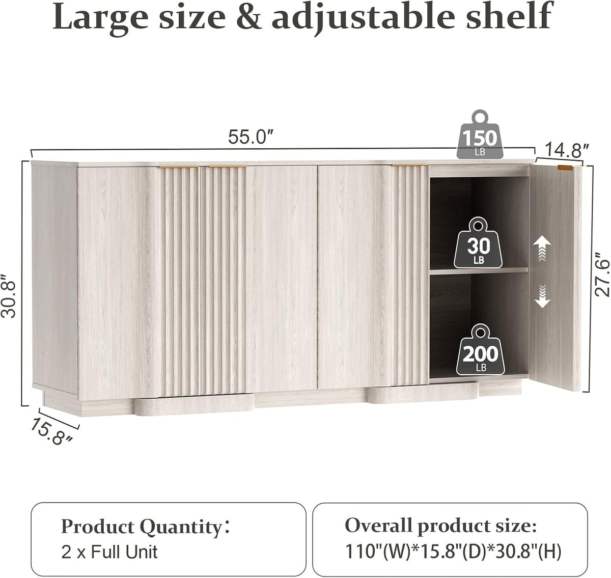 Brafab Buffet Cabinet, 110" Modern Farmhouse Accent Sideboard Cabinet with 8 Doors, Wood Fluted Credenza for Living Room and Kitchen, White