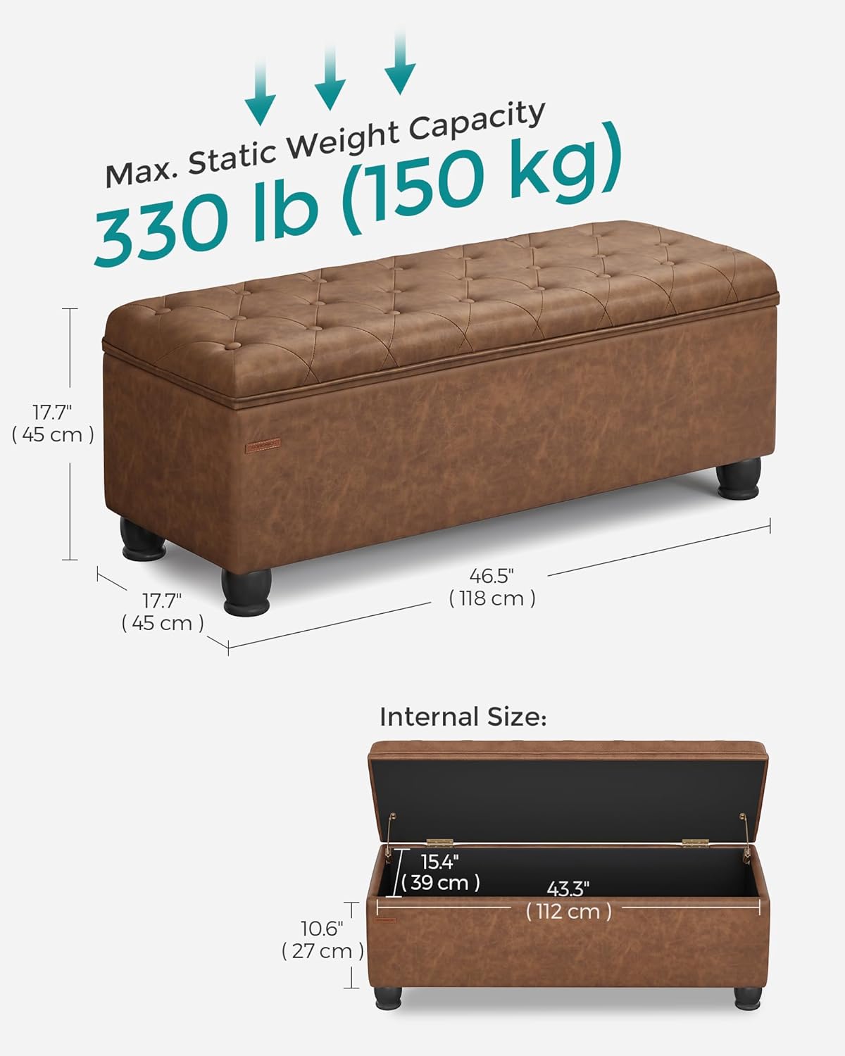 SONGMICS Storage Ottoman, 46.5 Inches Long Bed End Stool, Solid Wood Legs | Buttons Decoration, Non-Slip Foot Pads, 330.7 lb Load Capacity, Coffee Brown, MACEO Collection ULOM071K01