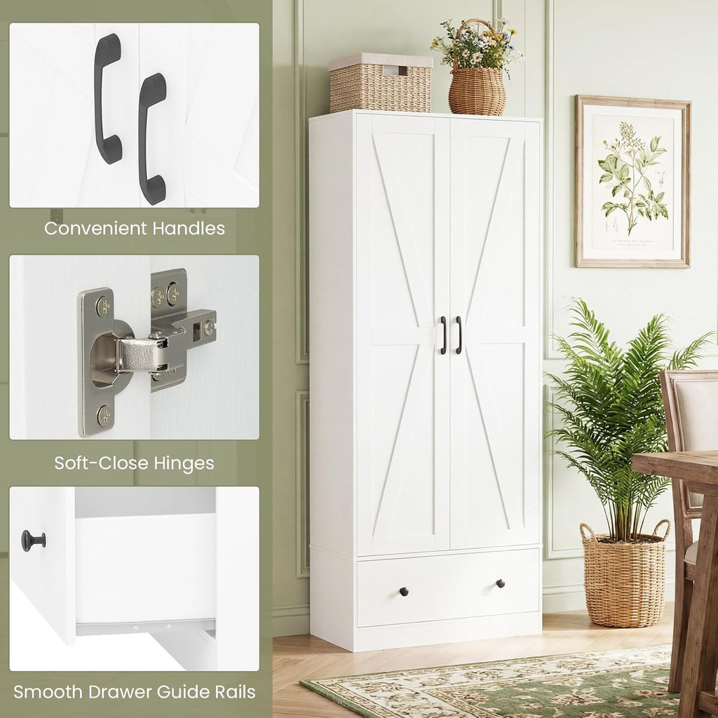 Giantex 72" Tall Kitchen Pantry Cabinet, Farmhouse Wooden Cupboard w/ 2 Doors, Drawer & Adjustable Shelves, Freestanding Versatile Storage Cabinet for Dining Room Living Room Bathroom (White)