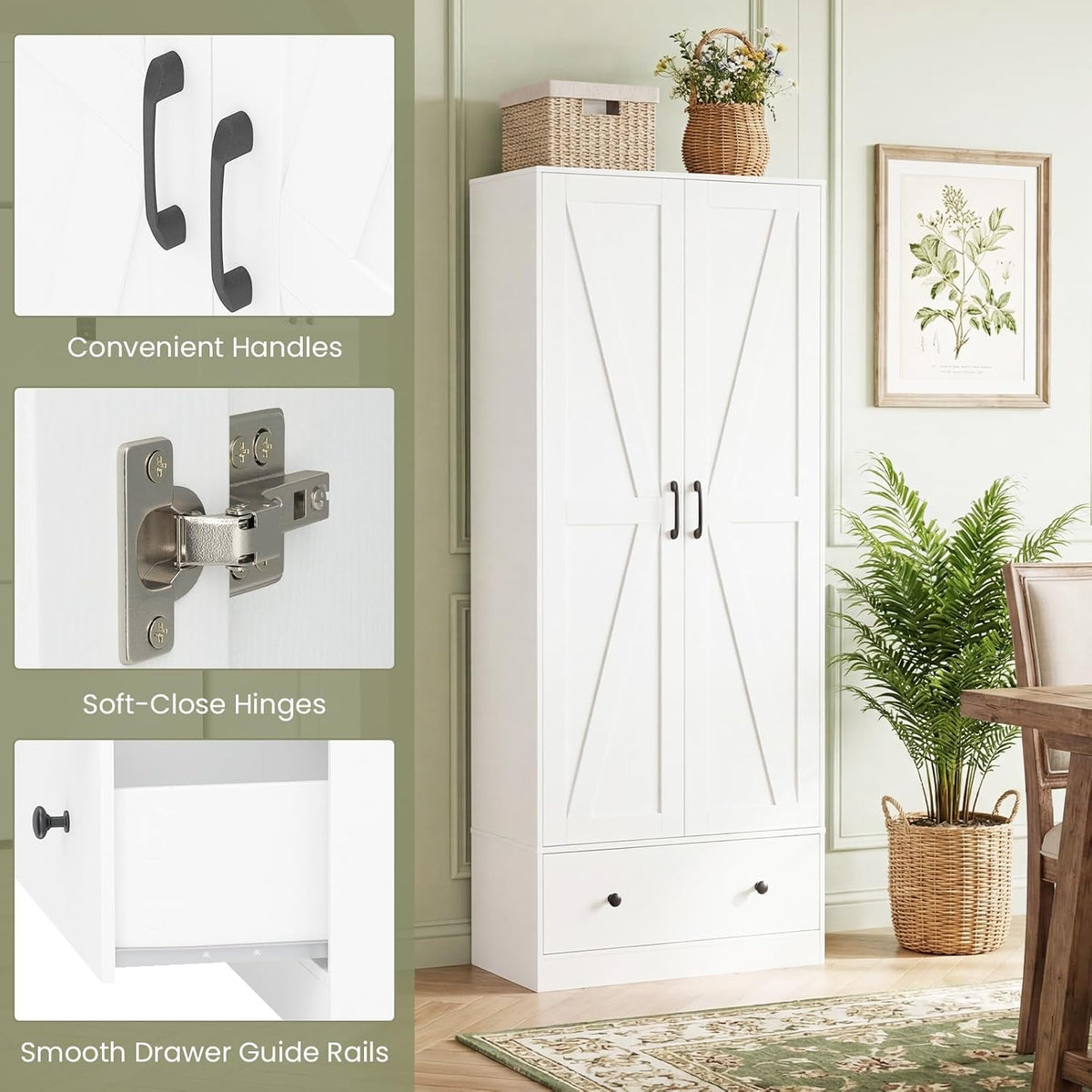 Giantex 72" Tall Kitchen Pantry Cabinet, Farmhouse Wooden Cupboard w/ 2 Doors, Drawer & Adjustable Shelves, Freestanding Versatile Storage Cabinet for Dining Room Living Room Bathroom (White)