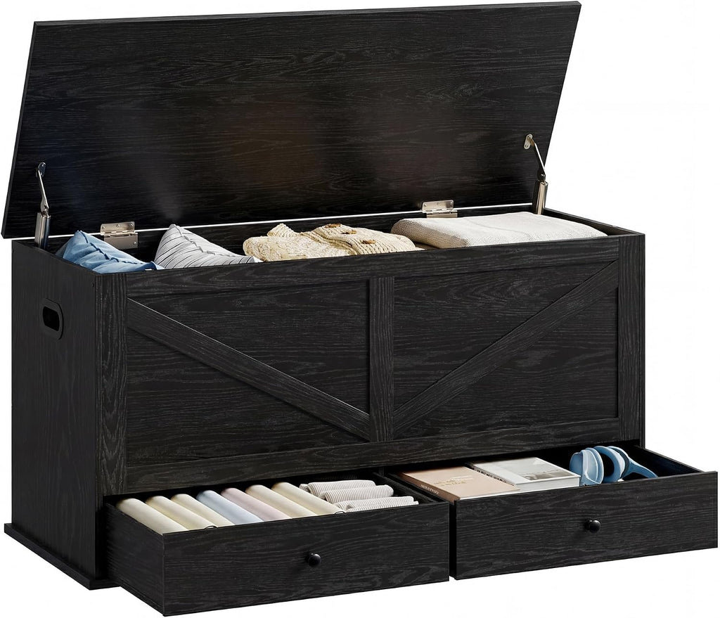 VASAGLE Storage Chest with 2 Fabric Drawers, 15.7 x 39.4 x 19.9 Inches | Storage Bench, Farmhouse Style, Ebony Black, HAINS Collection ULSB043B02