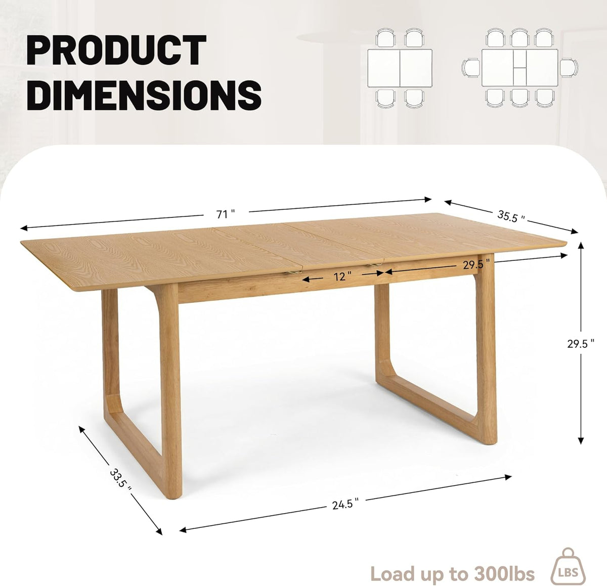 HNY Extendable Wood Dining Table for 4-8, 71" Inch Modern Rectangular Kitchen Tables with Wooden Base Farmhouse Dinner Table for Dining Room, Living Room, Home, Natural Oak