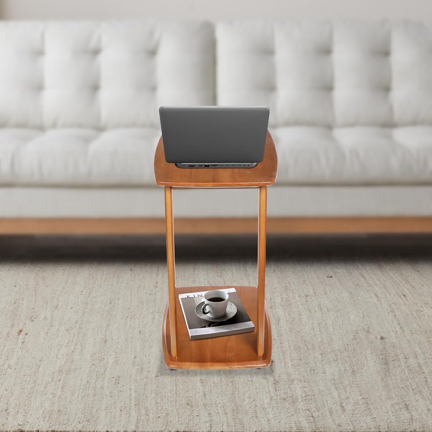 Solid Wood End Table with Rolling Wheels, C Shaped Side Table, TV Tray Table Small Accent Table, Couch Table That Slide Under for Small Space, Living Room, Bedroom or Office (Brown)