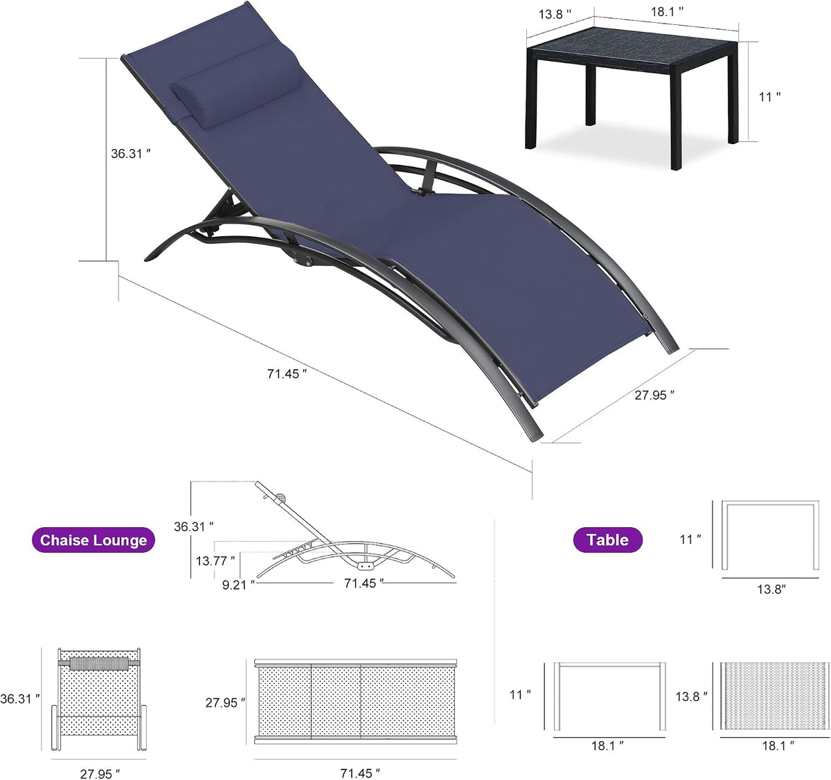 PURPLE LEAF Oversized Pool Chaise Lounge Patio Chair with Table, Navy Blue