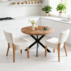 3-Piece Round Table & Chair Set, Space Saving Kitchen Breakfast Nook Walnut Wood Grain Tabletop with Metal Frame and 2 Stackable Dining Chairs for Kitchen, Dining Room, White
