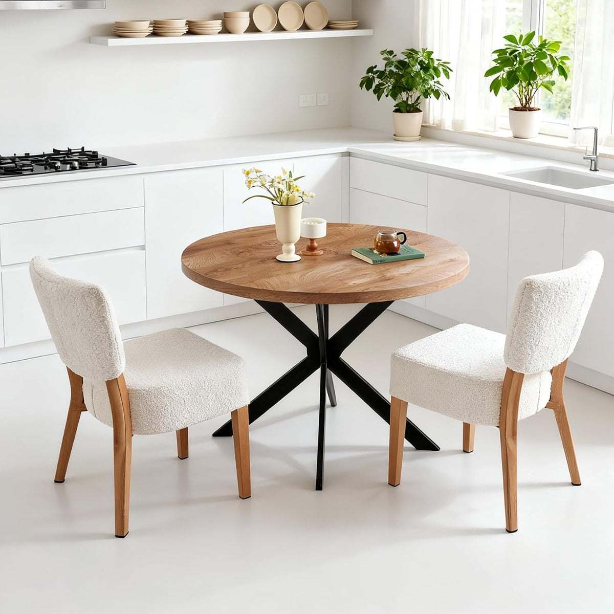 3-Piece Round Table & Chair Set, Space Saving Kitchen Breakfast Nook Walnut Wood Grain Tabletop with Metal Frame and 2 Stackable Dining Chairs for Kitchen, Dining Room, White