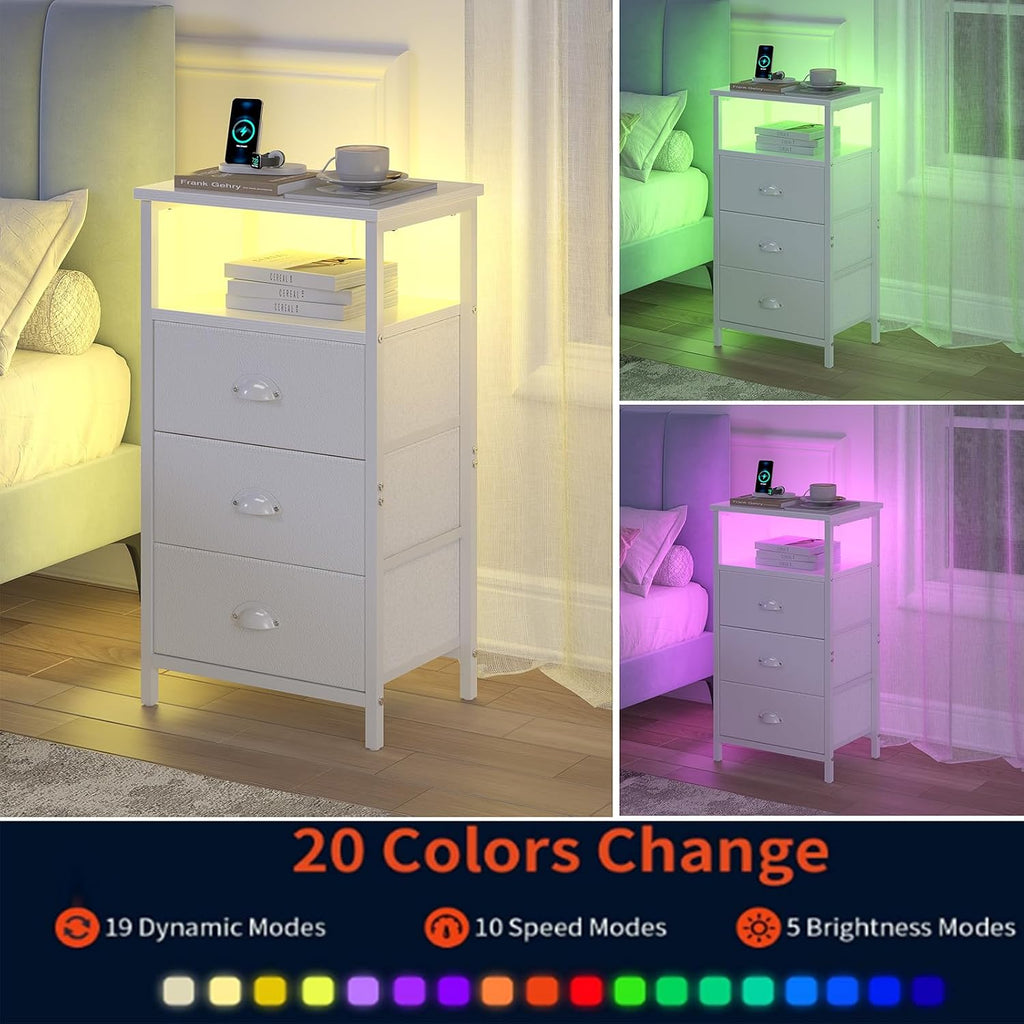 sthmec Nightstand with Charging Station,LED White Nightstand with 3 Fabric Drawers PU Finish, Bedside End Tables, 2-Tier Open Storage Shelf Side Table Nightstand with Drawers for Bedroom,White