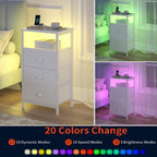 sthmec Nightstand with Charging Station,LED White Nightstand with 3 Fabric Drawers PU Finish, Bedside End Tables, 2-Tier Open Storage Shelf Side Table Nightstand with Drawers for Bedroom,White