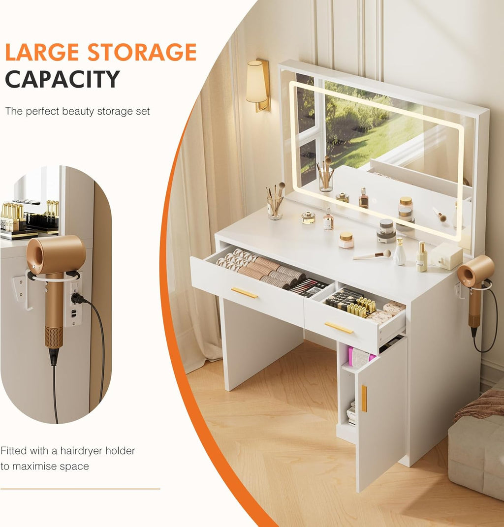 Sweetcrispy Makeup Vanity Desk, LED Mirror, Charging Station | Dressing Table, 2 Drawers, Large Cabinet, 3 Lighting Colors Adjustable, USB-C 2AC, White