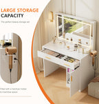 Sweetcrispy Makeup Vanity Desk, LED Mirror, Charging Station | Dressing Table, 2 Drawers, Large Cabinet, 3 Lighting Colors Adjustable, USB-C 2AC, White