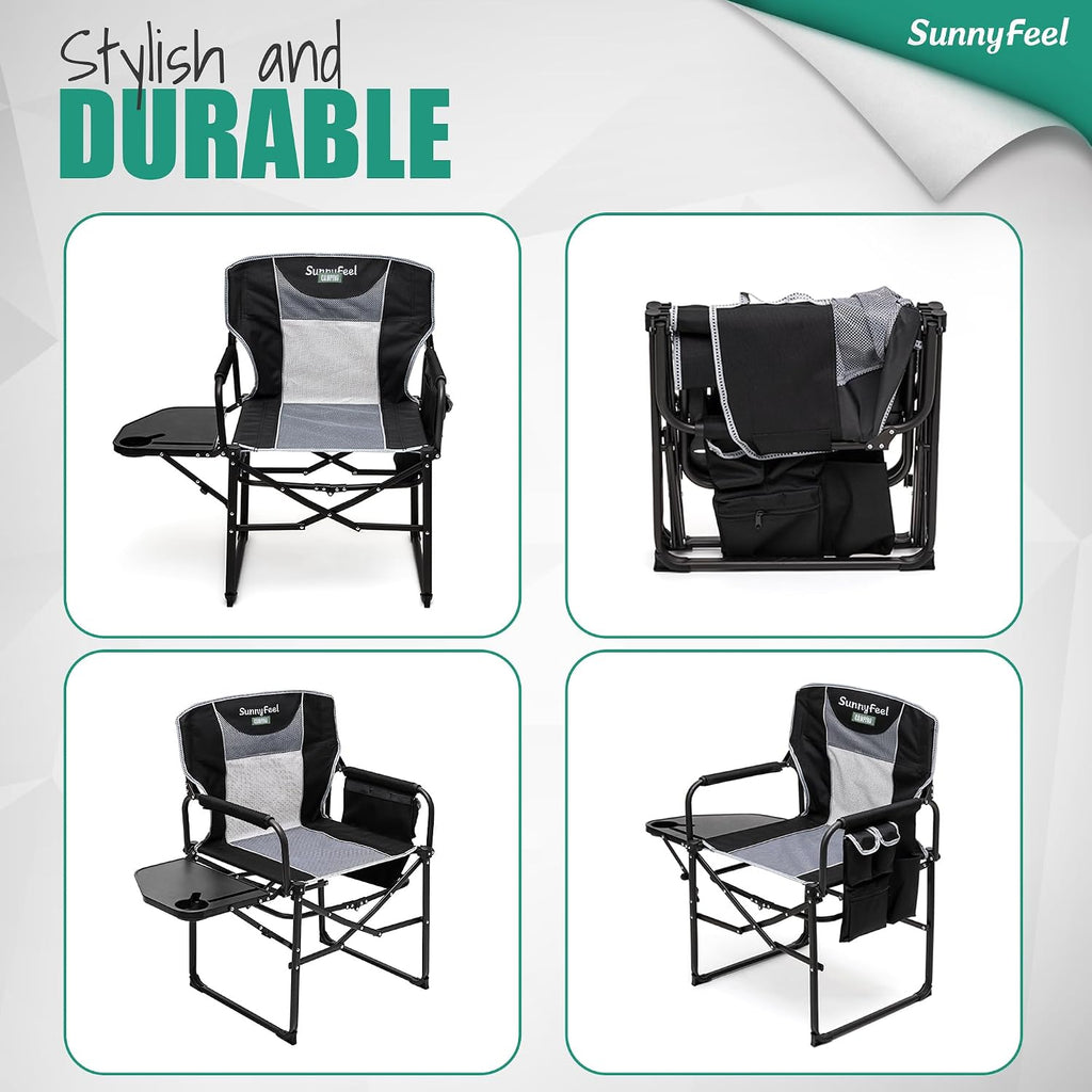 SUNNYFEEL Oversized Camping Chair Portable Directors Chairs with Side Table | Heavy Duty Folding Lawn Chair for Adults 300LBS with Compact Size, Breathable Mesh, Pocket & Carry Bag for Outdoor, Lawn, RV