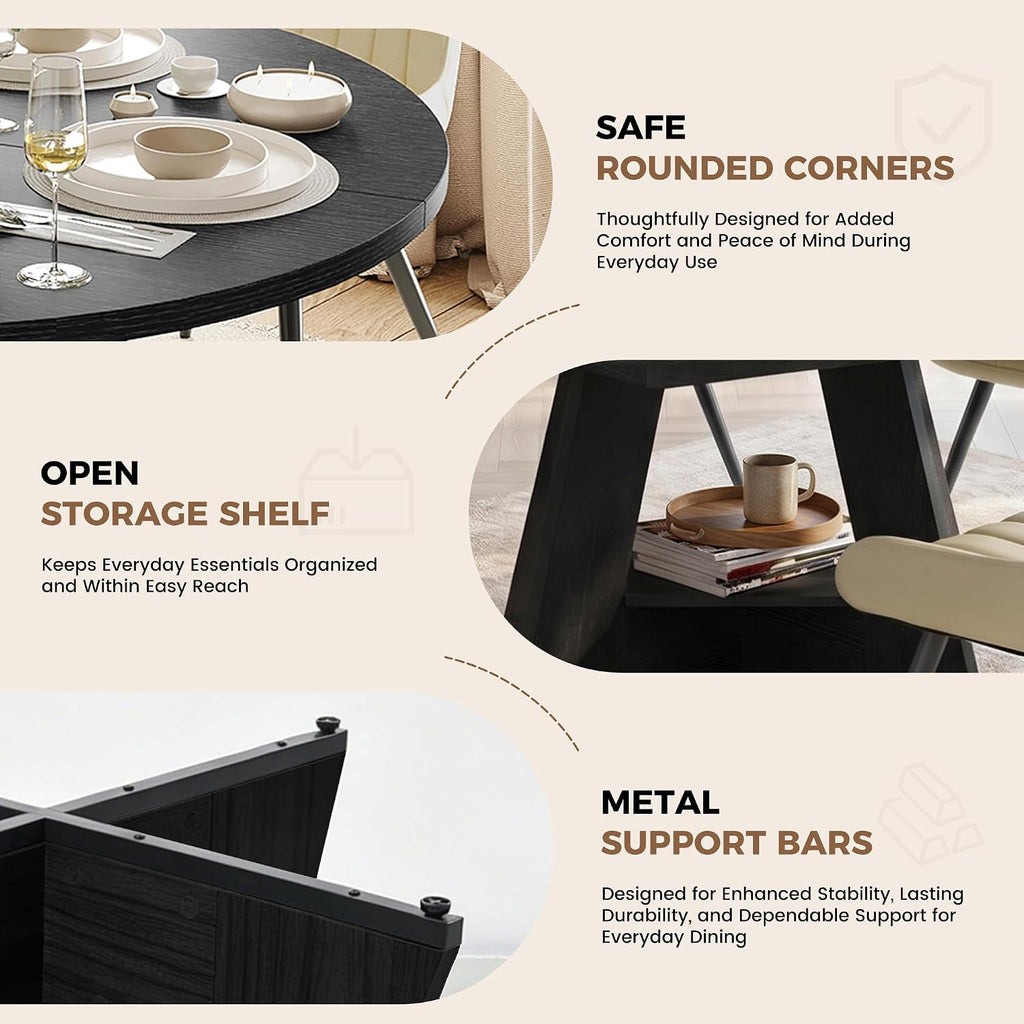 Miereirl Extendable Dining Table Set for 4-6, 47.24"-63" Round to Oval Dining Table Set with Upholstered Chairs, Hidden Storage Shelf, Kitchen & Dining Room Furniture for Apartment